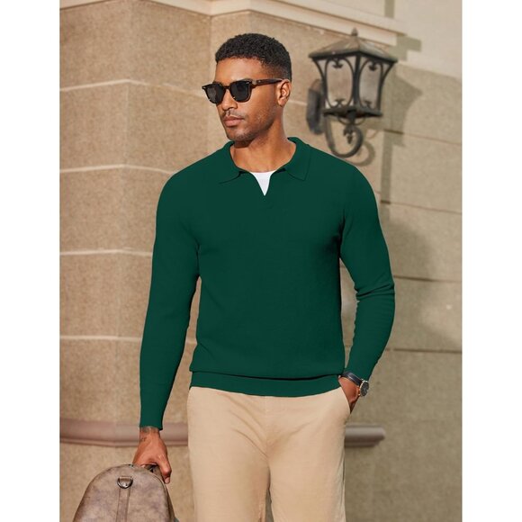 Men's Knit Polo Long Sleeve V-Neck Pullover Sweaters Collared Knitted Dark Green - Picture 4 of 6